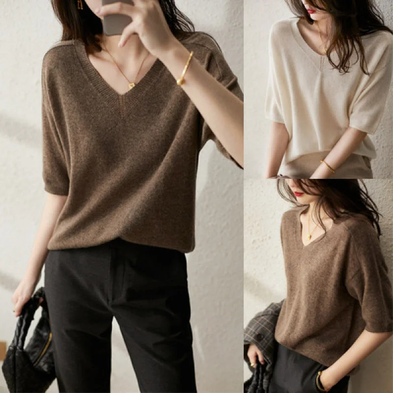 NiDELL Spring and Summer . Loose and Lazy Style Top V-neck Thin Sweater Half Sleeve Sweaters T-shirt plus Size Bottoming Shirt Spandex Blend Rayon Blend Denim Blend NiDELL Spring and Summer . Loose and Lazy Style Top V-neck Thin Sweater Half Sleeve Sweaters T-shirt plus Size Bottoming Shirt Spandex Blend Rayon Blend Denim Blend