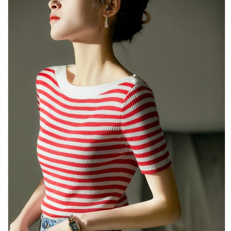 NiDELL . Spring and Summer New Retro Style Ice Silk Sweater French Style Design off-Neck Striped Short Sleeve Women's T-shirt Knit Fabric Woven Fabric Fleece Fabric NiDELL . Spring and Summer New Retro Style Ice Silk Sweater French Style Design off-Neck Striped Short Sleeve Women's T-shirt Knit Fabric Woven Fabric Fleece Fabric
