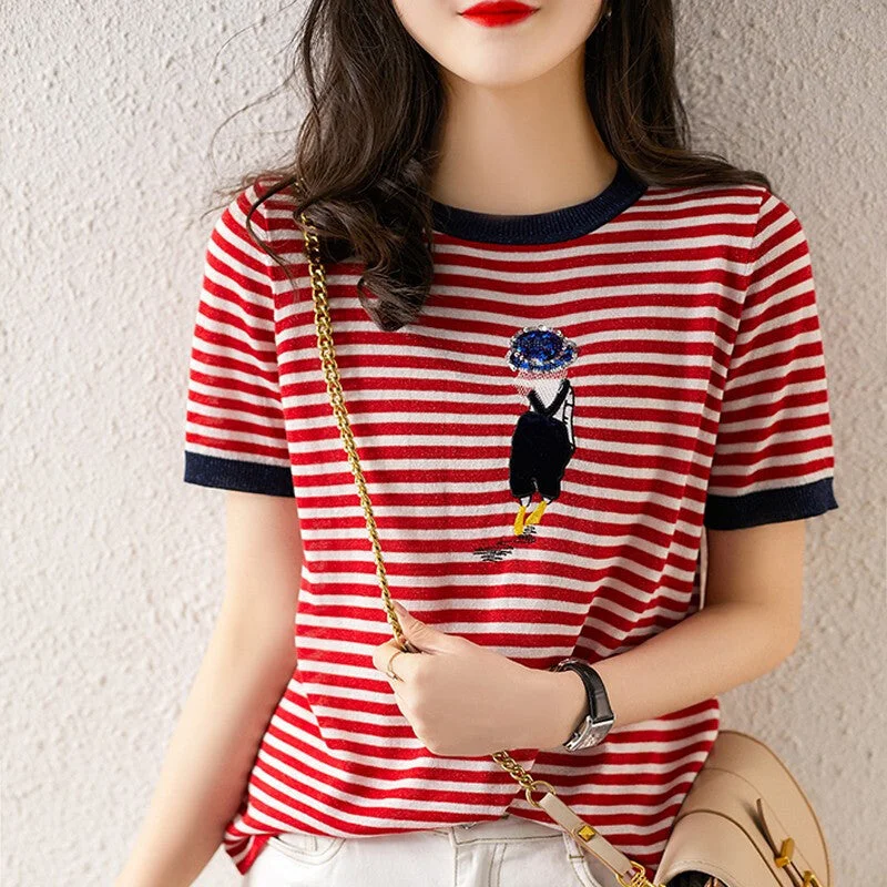 NiDELL . Spring and Summer Striped Sweater Women's New Trendy Small-Fresh T-shirt Korean Style Fil-Lumiere Underwear Blouse Top Machine Wash Dry Clean Hand Wash NiDELL . Spring and Summer Striped Sweater Women's New Trendy Small-Fresh T-shirt Korean Style Fil-Lumiere Underwear Blouse Top Machine Wash Dry Clean Hand Wash