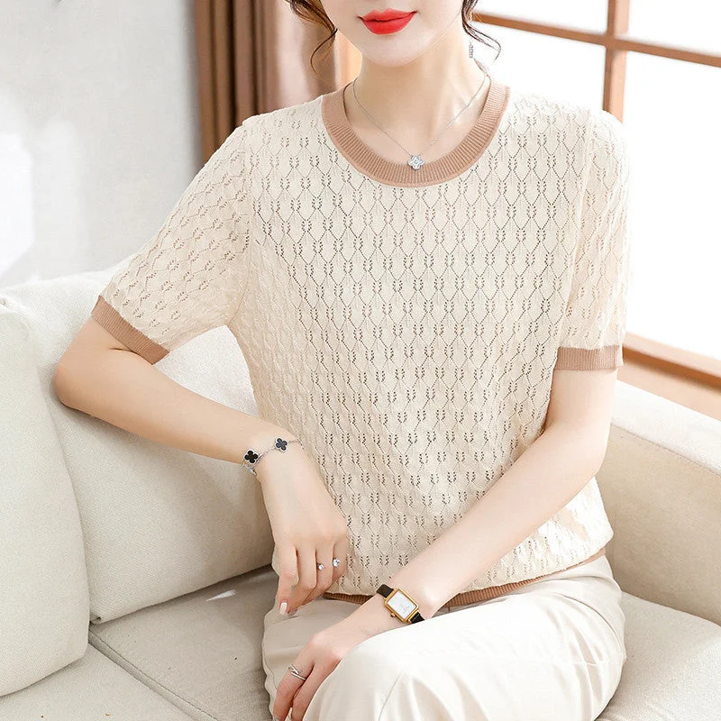 NiDELL Summer Clothing Short Sleeve T-shirt Middle-Aged Women's Clothing . New Small Shirt Age-Reducing Ice Silk Top Clothes Summer Sweater Polka Dot Checkered Tartan