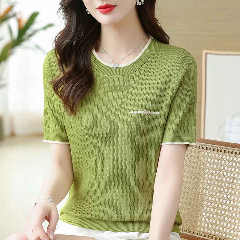 NiDELL Summer Ice Silk Short Sleeve T-shirt Women's Summer Thin Sweater Half Sleeve round Neck Top Western Style Slimming Undershirt Elegant Classic Vintage NiDELL Summer Ice Silk Short Sleeve T-shirt Women's Summer Thin Sweater Half Sleeve round Neck Top Western Style Slimming Undershirt Elegant Classic Vintage