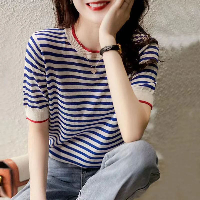 NiDELL . Summer New Navy Style Striped round Neck Short Sleeve Pullover Loose Slimming Sweater T-shirt Summer Casual Formal Business NiDELL . Summer New Navy Style Striped round Neck Short Sleeve Pullover Loose Slimming Sweater T-shirt Summer Casual Formal Business