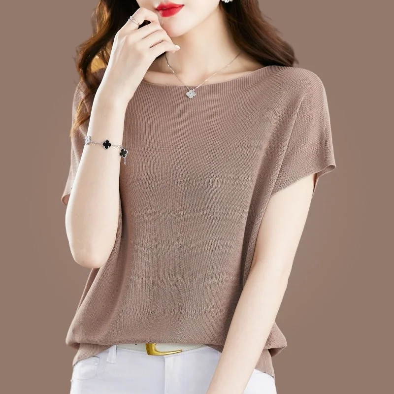 NiDELL . Summer New T-shirt Women's Short Sleeve New Batwing Shirt Ice Silk Sweater off-Shoulder Collar Loose Top for Women Beaded Sequined Faux Fur NiDELL . Summer New T-shirt Women's Short Sleeve New Batwing Shirt Ice Silk Sweater off-Shoulder Collar Loose Top for Women Beaded Sequined Faux Fur