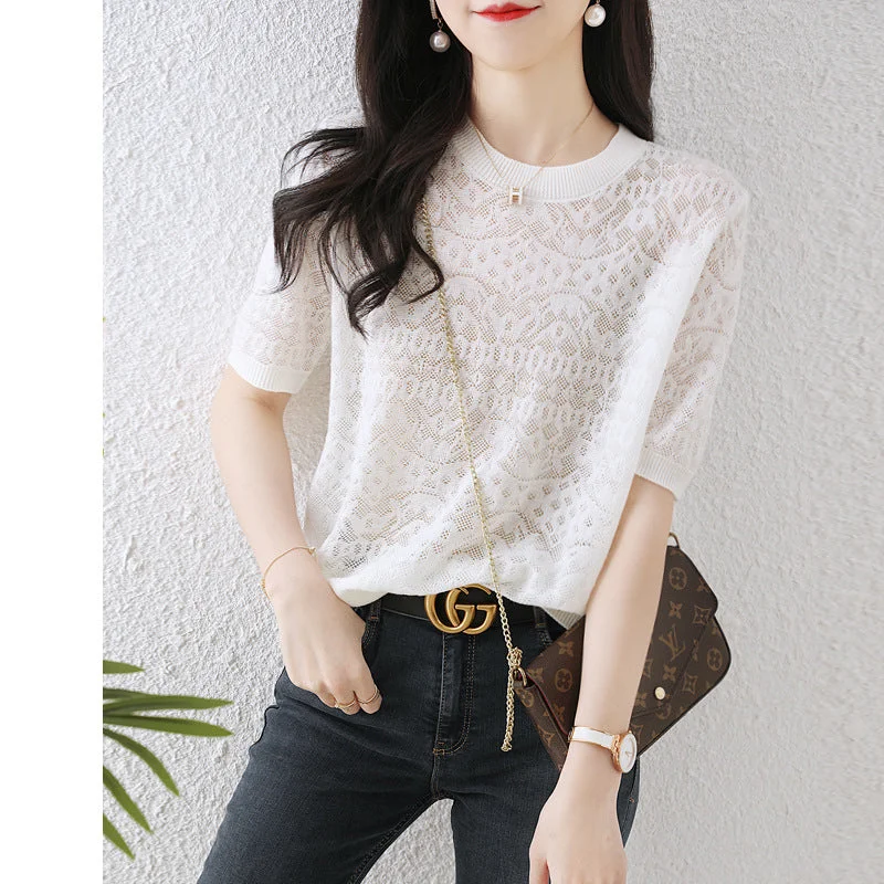 NiDELL Summer . New Women's Hollow Ice Silk T-shirt Thin Casual White Short-Sleeve Top Sweater Anti-Pilling Machine Wash Handmade NiDELL Summer . New Women's Hollow Ice Silk T-shirt Thin Casual White Short-Sleeve Top Sweater Anti-Pilling Machine Wash Handmade