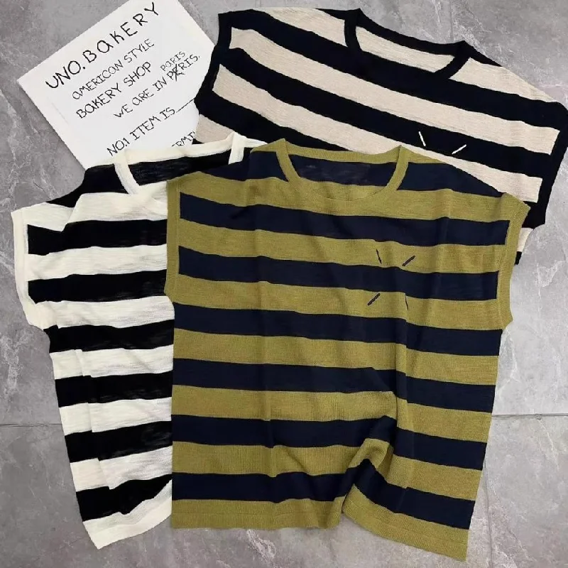 NiDELL . Summer New Women's Knitted Sweater Ice Silk Short Sleeve T-shirt Striped plus Size Women's Clothing Belly-Covering Coat T-shirt Lace Blend Ribbed Blend Corduroy Blend