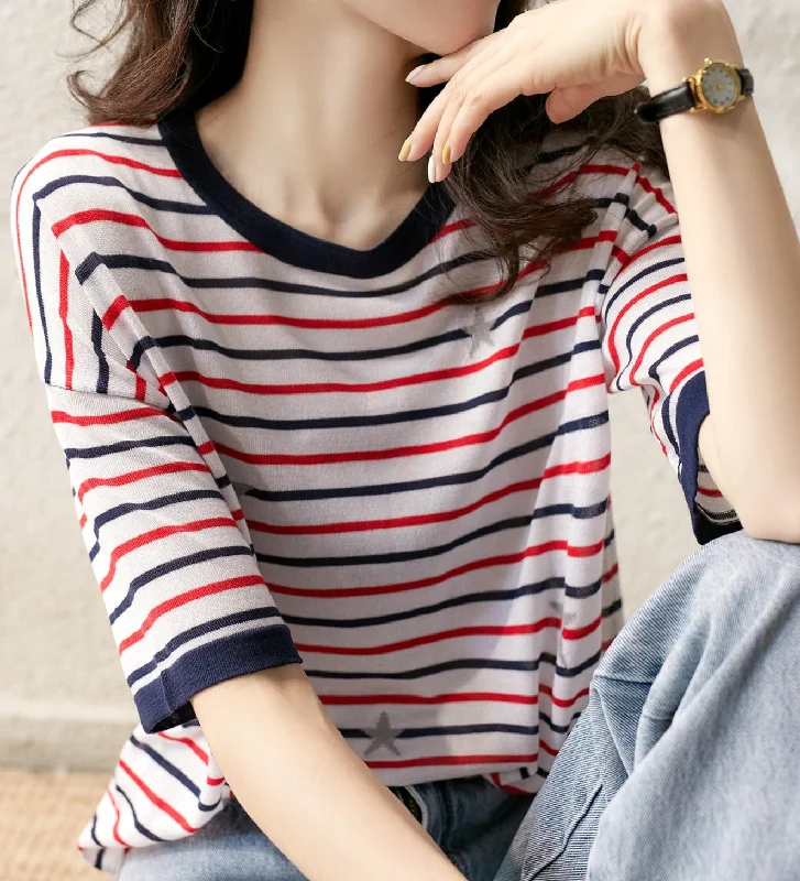 NiDELL . Summer New Women's Wear Light and Elegant Star Jacquard Striped Korean Style Loose Knitted T-shirt Fashionable Trendy Casual