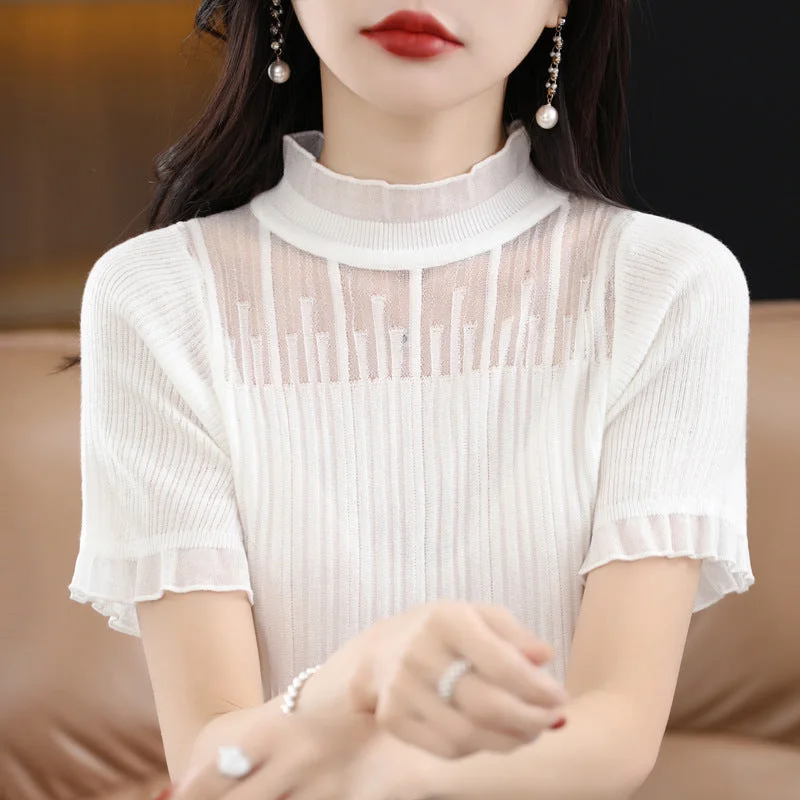 NiDELL Summer Short-Sleeved T-shirt Women's Inner Lace Edge Half Turtleneck Hollow-out Half-Sleeved T-shirt Bottoming Top Women's Sweater Rayon Velvet Corduroy NiDELL Summer Short-Sleeved T-shirt Women's Inner Lace Edge Half Turtleneck Hollow-out Half-Sleeved T-shirt Bottoming Top Women's Sweater Rayon Velvet Corduroy