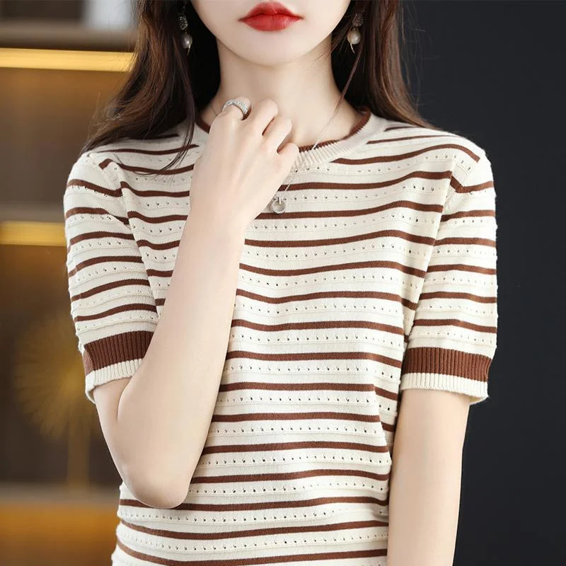 NiDELL Summer . Short-Sleeved T-shirt Women's Korean-Style New Mixed Color Stripe Hollow round Neck Loose All-Matching Sweater Top Print Jacquard Patchwork NiDELL Summer . Short-Sleeved T-shirt Women's Korean-Style New Mixed Color Stripe Hollow round Neck Loose All-Matching Sweater Top Print Jacquard Patchwork
