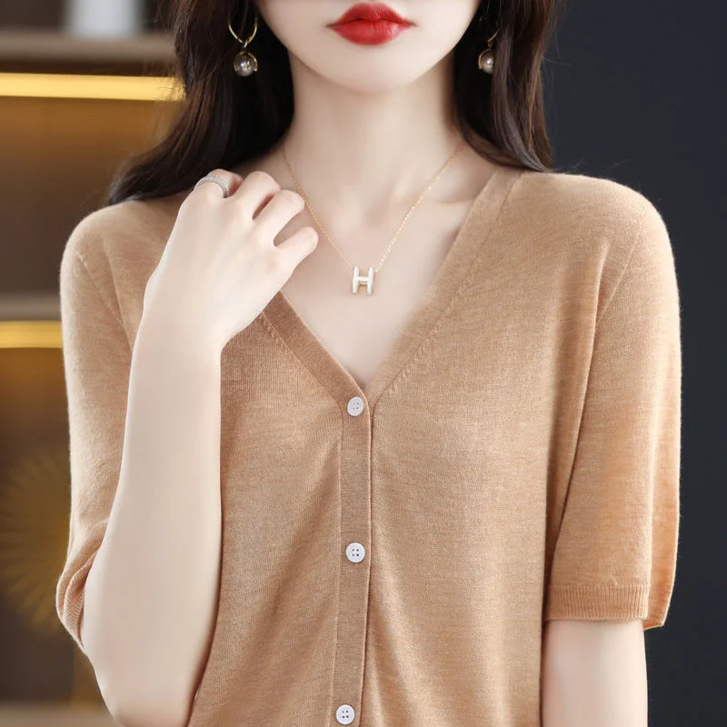 NiDELL Summer V-neck Short Sleeve Ice Silk Short Sleeve Cardigan Women's Loose Large Size Thin Half Sleeve Coat Knitted Top T-shirt Seamless Knitted Crochet NiDELL Summer V-neck Short Sleeve Ice Silk Short Sleeve Cardigan Women's Loose Large Size Thin Half Sleeve Coat Knitted Top T-shirt Seamless Knitted Crochet