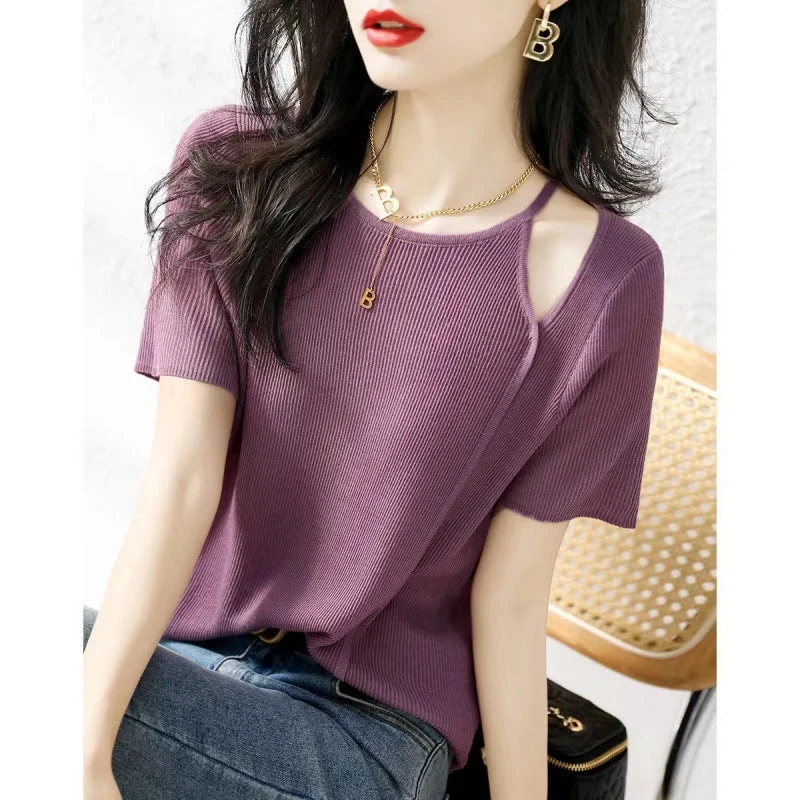 NiDELL Thin Hollow off-the-Shoulder Ice Silk Sweater Women's Summer Korean Style . Slimming Elegant T-shirt Women's Simple Top Fashion Graphic Embroidered Appliqued NiDELL Thin Hollow off-the-Shoulder Ice Silk Sweater Women's Summer Korean Style . Slimming Elegant T-shirt Women's Simple Top Fashion Graphic Embroidered Appliqued