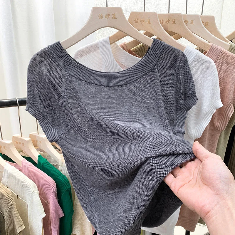 NiDELL . Thin Summer Clothing Ice Silk Sweater Women's Slim Fit Soft Glutinous Stretch Crew Neck Short Sleeve T-shirt Top Fashionable Trendy Casual
