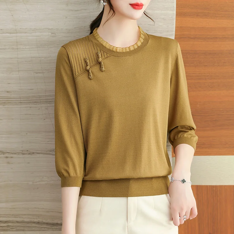 NiDELL Three-Quarter-Length-Sleeved T-shirt Ice Silk Sweater Women's Retro Autumn Western Style . Small Shirt Loose Large Size Mom's Clothing Top Silk Blend Satin Velvet NiDELL Three-Quarter-Length-Sleeved T-shirt Ice Silk Sweater Women's Retro Autumn Western Style . Small Shirt Loose Large Size Mom's Clothing Top Silk Blend Satin Velvet