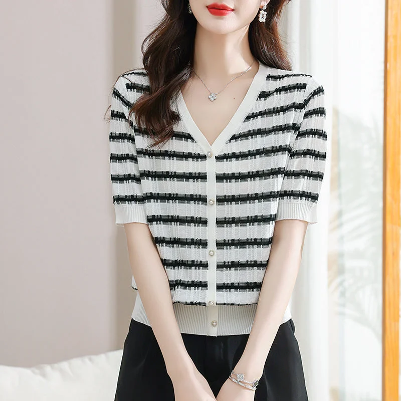 NiDELL V-neck Striped Short-Sleeved T-shirt for Women Summer . New Women's Clothing Age-Reducing Mom Top Western Style Ice Silk Sweater Ribbed T-Shirt High Neck Heavyweight NiDELL V-neck Striped Short-Sleeved T-shirt for Women Summer . New Women's Clothing Age-Reducing Mom Top Western Style Ice Silk Sweater Ribbed T-Shirt High Neck Heavyweight
