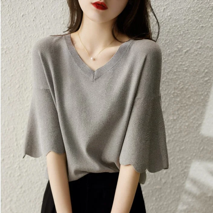 NiDELL Weila Petal Sleeve V-neck Top Women's Summer Knitted T-shirt Loose Short Sleeve Ice Silk Sweater Thin Women's Western Style Small Shirt Seamless Knitted Crochet NiDELL Weila Petal Sleeve V-neck Top Women's Summer Knitted T-shirt Loose Short Sleeve Ice Silk Sweater Thin Women's Western Style Small Shirt Seamless Knitted Crochet