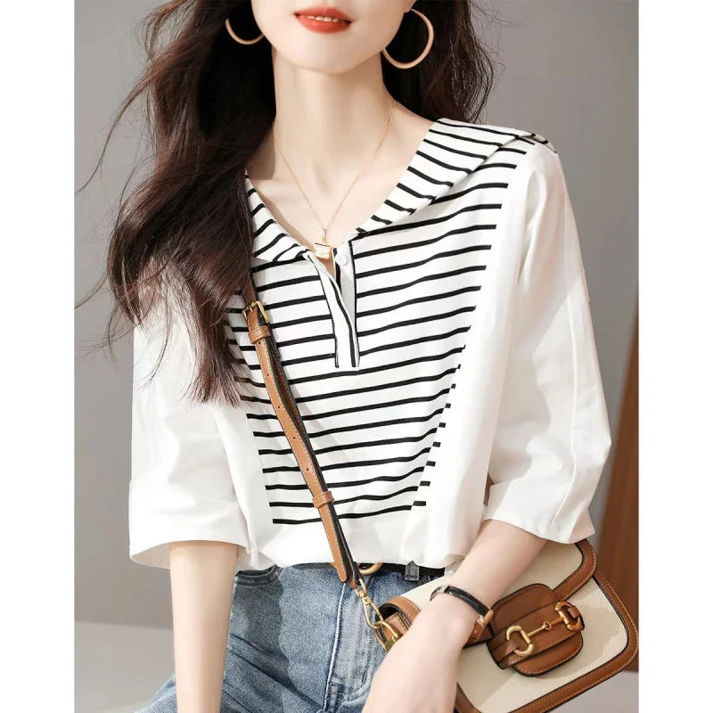 NiDELL Western Style Striped Sweater . Patchwork Top Summer Slimming Casual Loose Short Sleeves Contrast Color Bottoming T-shirt for Women Striped Floral Plaid