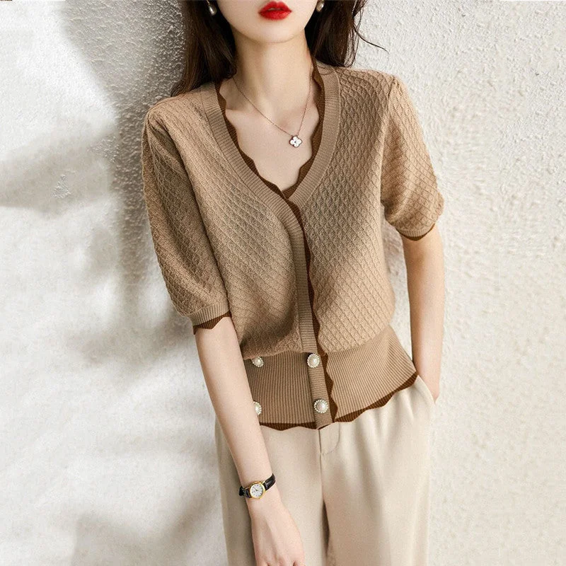 NiDELL Wholesale New Women's Clothing Korean Style . Summer V-neck Plaid Lace Ice Silk Sweater Short Sleeve T-shirt Top Polka Dot Checkered Tartan