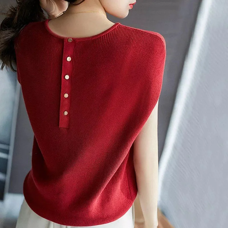 NiDELL Wholesale Women's Clothing . Summer Decorative Buckle Drop Shoulder Loose Ice Silk Sweater Short Sleeve T-shirt Top Collared Crew Neck Turtle Neck