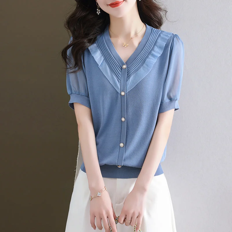 NiDELL Women's Chiffon Short-Sleeved T-shirt . Summer New V-neck Belly Covering plus Size T-shirt Ice Silk Sweater Top Mesh Blend Leather Blend Suede Blend NiDELL Women's Chiffon Short-Sleeved T-shirt . Summer New V-neck Belly Covering plus Size T-shirt Ice Silk Sweater Top Mesh Blend Leather Blend Suede Blend