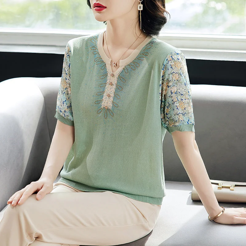 NiDELL Women's Clothing . New Mom Summer Clothes Ice Silk T-shirt Middle-Aged Women Summer Short Sleeve Middle-Aged Fashionable Sweater Chenille Blend Fleece Blend Nylon Blend
