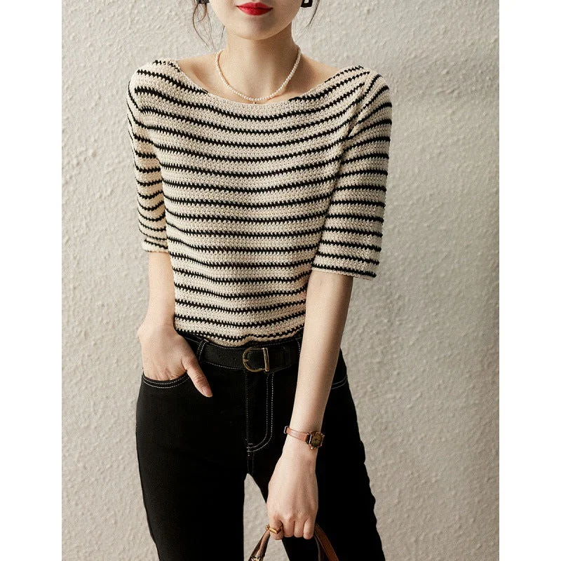 NiDELL Women's Clothing Wholesale . New Spring and Summer Loose Korean Style T-shirt Vacation Style Woven/Striped off-the-Shoulder Sweater Women Rayon Velvet Corduroy NiDELL Women's Clothing Wholesale . New Spring and Summer Loose Korean Style T-shirt Vacation Style Woven/Striped off-the-Shoulder Sweater Women Rayon Velvet Corduroy
