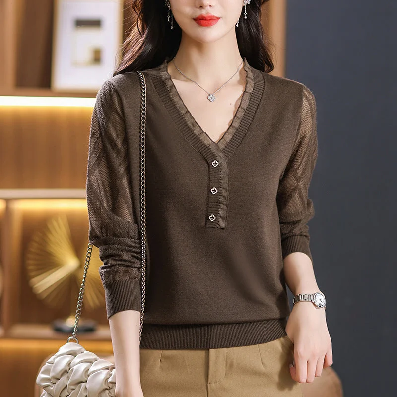 NiDELL Women's Long-Sleeved T-shirt Sweater . Autumn and Winter New Western Style Lace V-neck Patchwork Retro Elegant Women's Bottoming Shirt Wool Fabric Cashmere Fabric Tweed Fabric NiDELL Women's Long-Sleeved T-shirt Sweater . Autumn and Winter New Western Style Lace V-neck Patchwork Retro Elegant Women's Bottoming Shirt Wool Fabric Cashmere Fabric Tweed Fabric