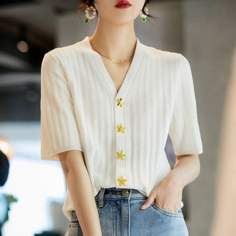 NiDELL Women's New . Summer Gentle and Fashionable Thick French Style V-neck Small Sweater Temperament Short Sleeve T-shirt for Women Fleece Nylon Spandex