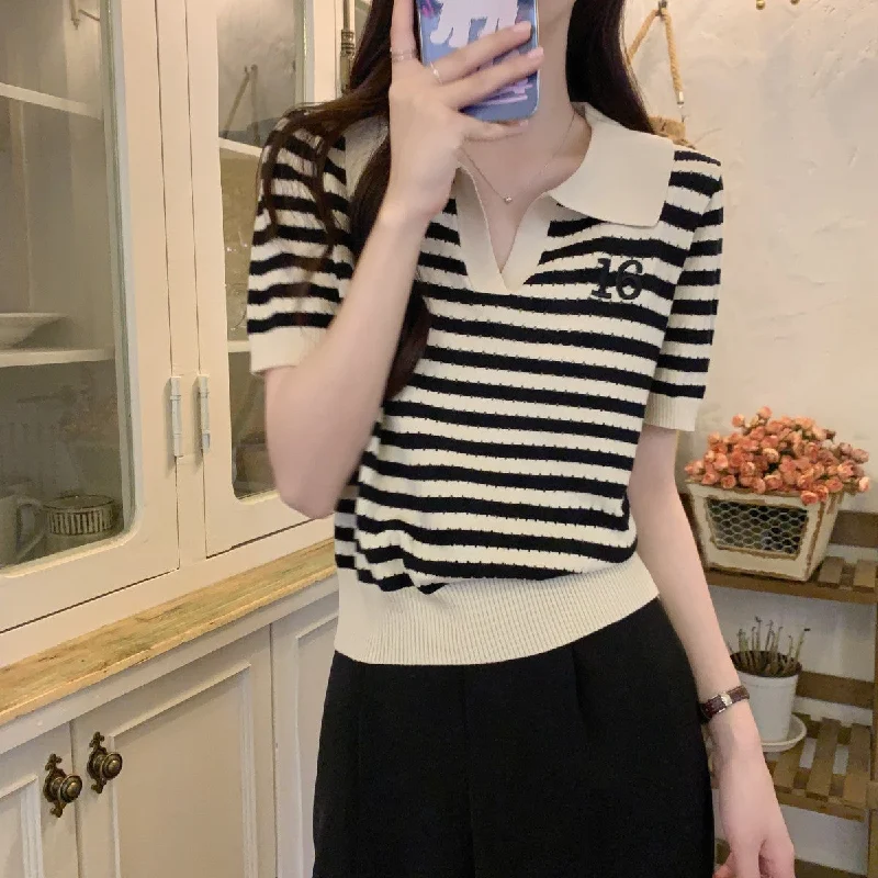 NiDELL Women's Polo Lapel Short Korean Summer Advanced Design Loose Striped All-Matching Knitted Short-Sleeved T-shirt for Women Chenille Blend Fleece Blend Nylon Blend NiDELL Women's Polo Lapel Short Korean Summer Advanced Design Loose Striped All-Matching Knitted Short-Sleeved T-shirt for Women Chenille Blend Fleece Blend Nylon Blend