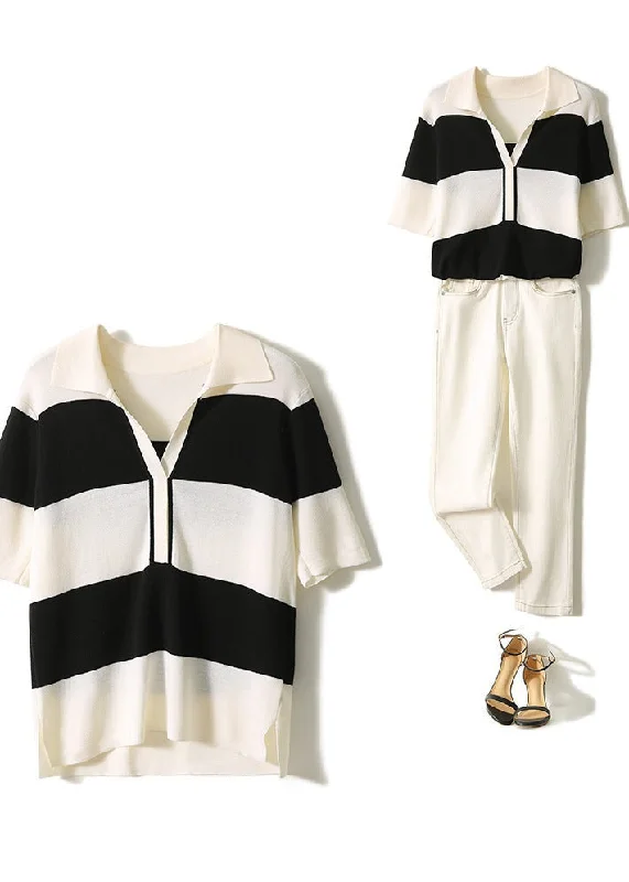 NiDELL Women's Short-Sleeved T-shirt . New Short Loose Summer Wear V Polo Collar Stripes Top Half Sleeve Ice Silk Sweater Front Pockets Side Pockets Patch Pockets