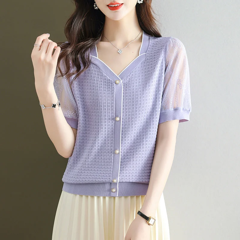 NiDELL Women's Short-Sleeved T-shirt . New Summer Square Collar French Top Trendy Thin Sweet Ice Silk Sweater Trendy Collared T-Shirt Boat Neck A-Line NiDELL Women's Short-Sleeved T-shirt . New Summer Square Collar French Top Trendy Thin Sweet Ice Silk Sweater Trendy Collared T-Shirt Boat Neck A-Line