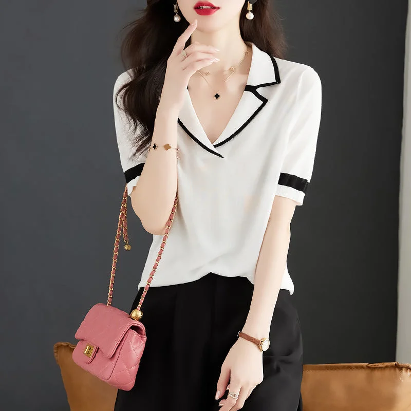 NiDELL Women's Short-Sleeved T-shirt Summer . New Shirt Thin Ice Silk T-shirt Women's Knitted Coat Hooded Caped Shawl Collar