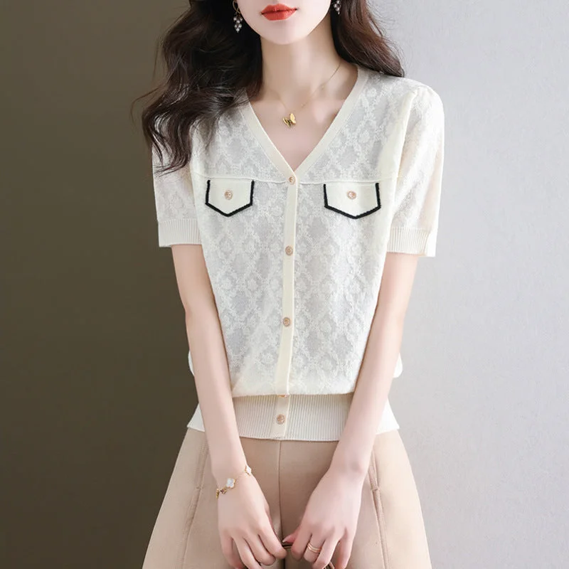 NiDELL Women's Short-Sleeved T-shirt Women's . Summer New Western Style Chic Chanel-Style Ice Silk Sweater Short Top Solid Print Embellished NiDELL Women's Short-Sleeved T-shirt Women's . Summer New Western Style Chic Chanel-Style Ice Silk Sweater Short Top Solid Print Embellished