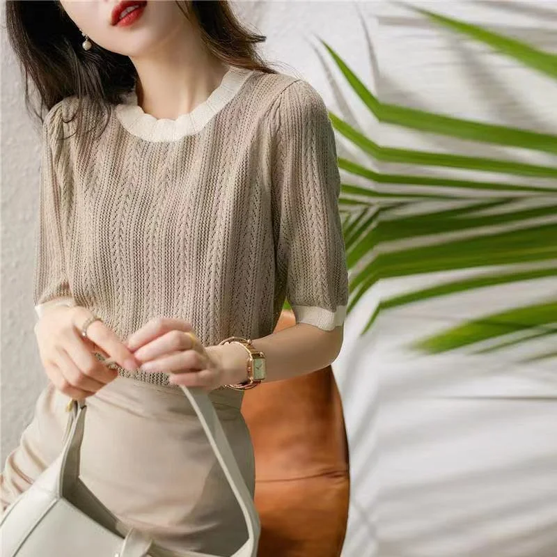 NiDELL Women's . Summer New Fluted Collar T-shirt Top Stitching Short-Sleeved Sweater Collared Crew Neck Turtle Neck