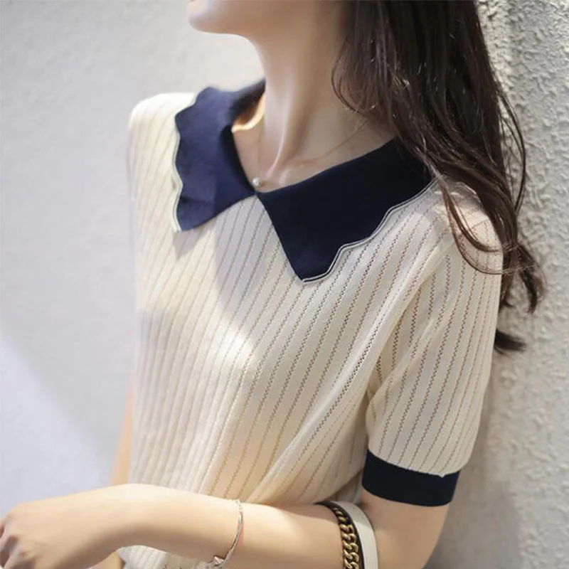 NiDELL Women's . Summer New Peter Pan Collar Ice Silk Sweater White Shirt Short-Sleeved T-shirt Handmade Hand-knitted Hand-woven NiDELL Women's . Summer New Peter Pan Collar Ice Silk Sweater White Shirt Short-Sleeved T-shirt Handmade Hand-knitted Hand-woven