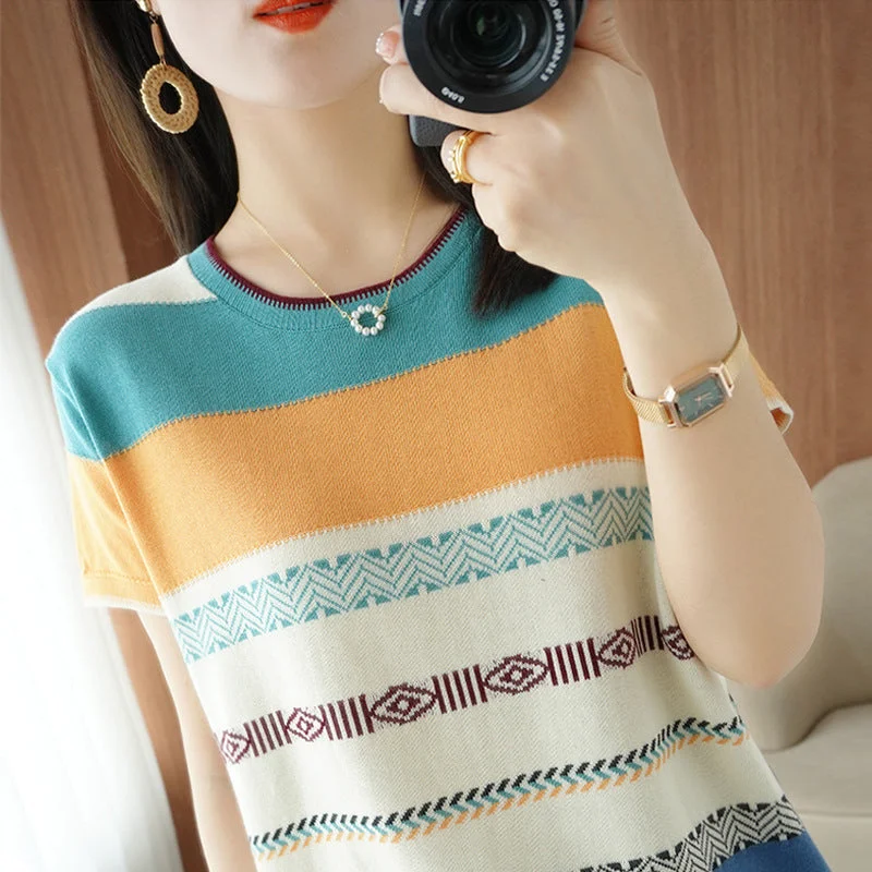 NiDELL Women's Summer Stripes Short-Sleeved round Neck T-shirt . New Women's Contrast Color Rainbow Striped Sweater Slimming Top Asymmetrical Pockets Print