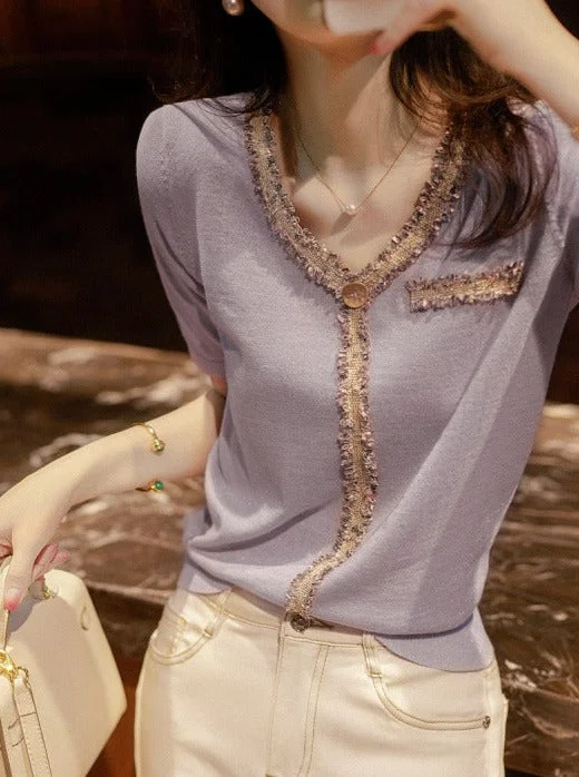 NiDELL Women's Top . Summer New Sweet, Relaxed and Beautiful Heavy Work Light Purple T-shirt Stitching Short Sleeve Sweater Cotton Fabric Linen Fabric Terry Fabric NiDELL Women's Top . Summer New Sweet, Relaxed and Beautiful Heavy Work Light Purple T-shirt Stitching Short Sleeve Sweater Cotton Fabric Linen Fabric Terry Fabric