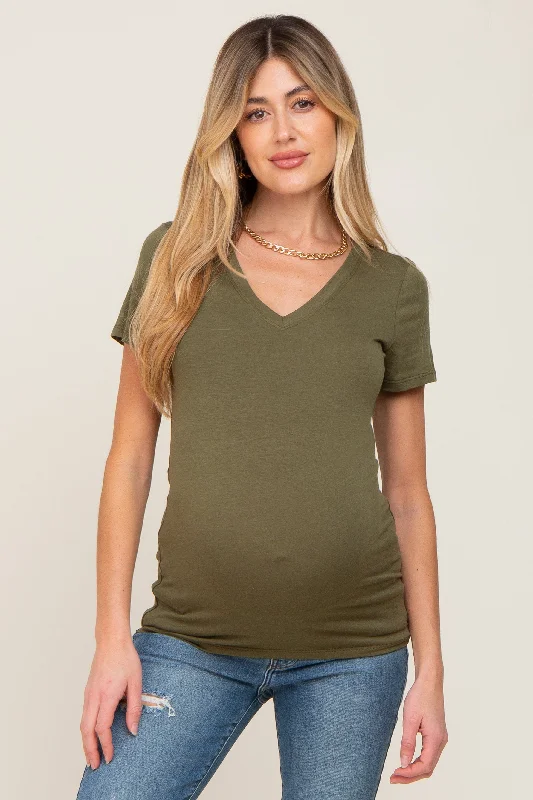 Olive Basic V-Neck Maternity Tee Collared Crew Neck Turtle Neck