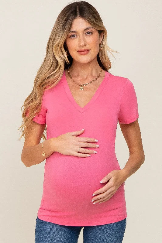 Pink Basic V-Neck Maternity Tee Zippered Front Buttoned Front Snap Front