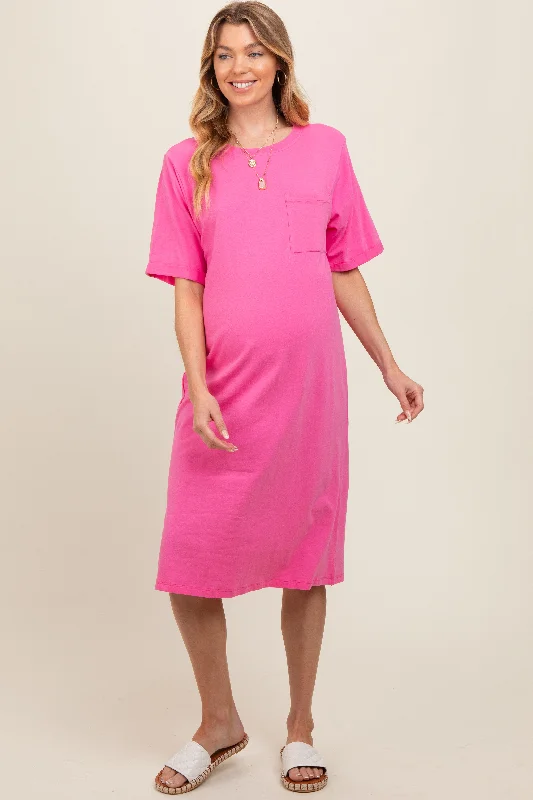 Pink Oversized Round Neck T-Shirt Maternity Dress Print Jacquard Patchwork