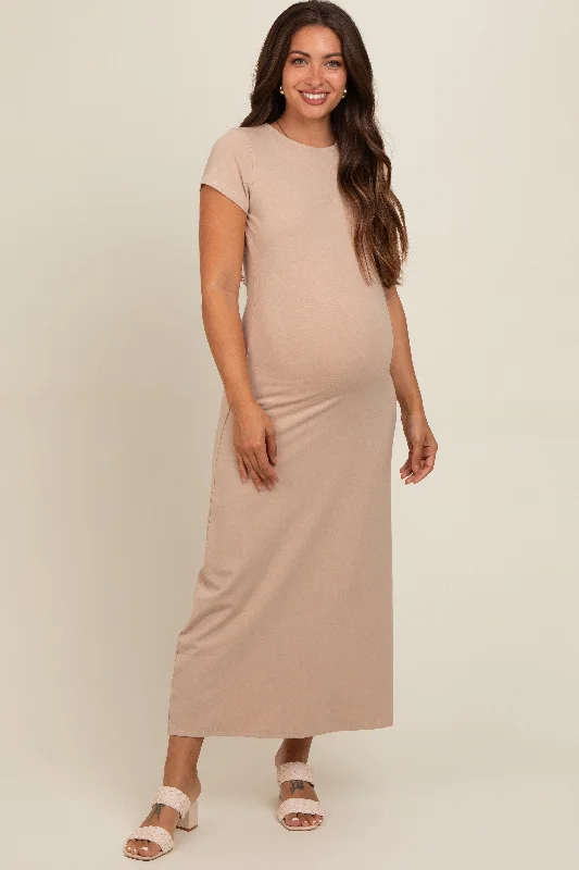 Taupe Short Sleeve Maternity Midi T-Shirt Dress Chenille Blend Fleece Blend Nylon Blend Taupe Short Sleeve Maternity Midi T-Shirt Dress Chenille Blend Fleece Blend Nylon Blend