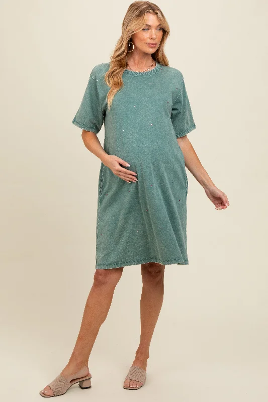 Teal Rhinestone Mineral Washed Maternity T-Shirt Dress Fitted T-Shirt Seamless Stretchy