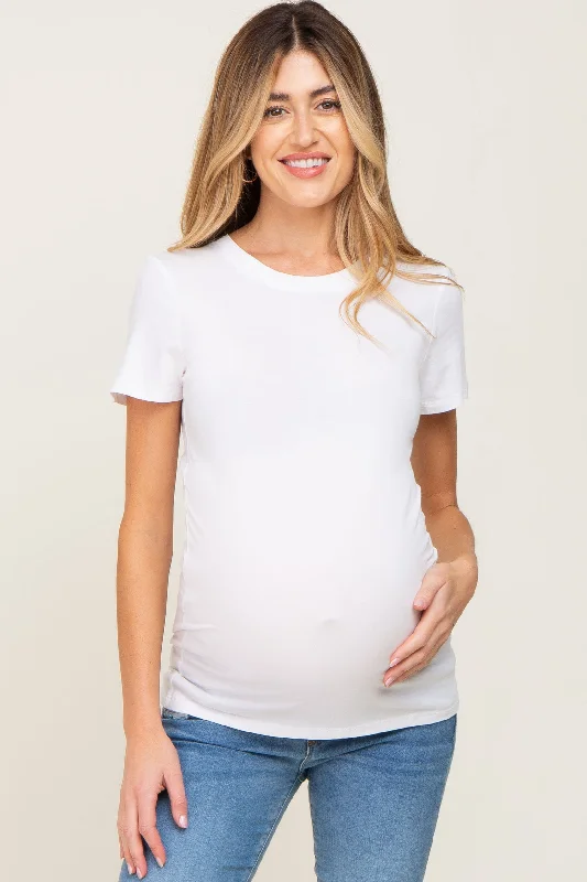 White Basic Crew Neck Maternity Tee Fleece Nylon Spandex