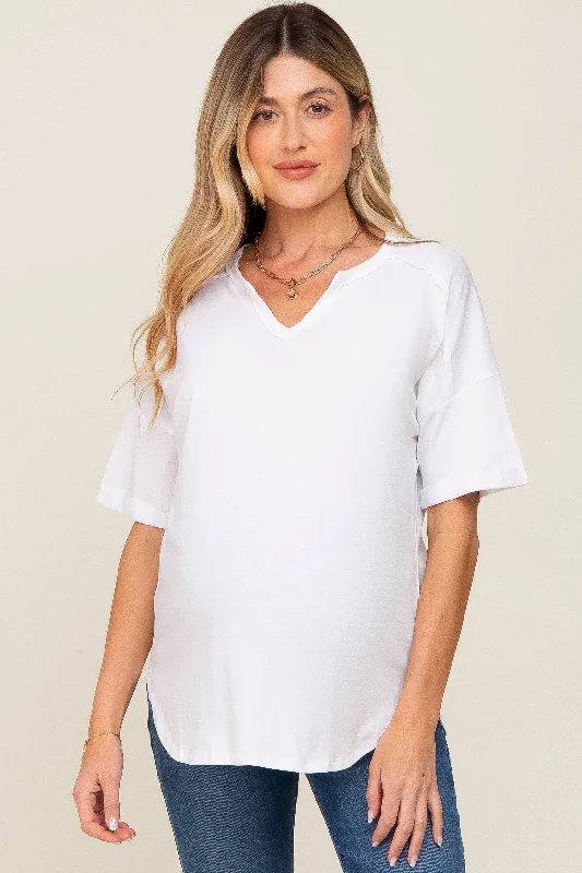 White Oversized V-Neck Cuffed Short Sleeve Maternity Tee Knit Fabric Woven Fabric Fleece Fabric White Oversized V-Neck Cuffed Short Sleeve Maternity Tee Knit Fabric Woven Fabric Fleece Fabric