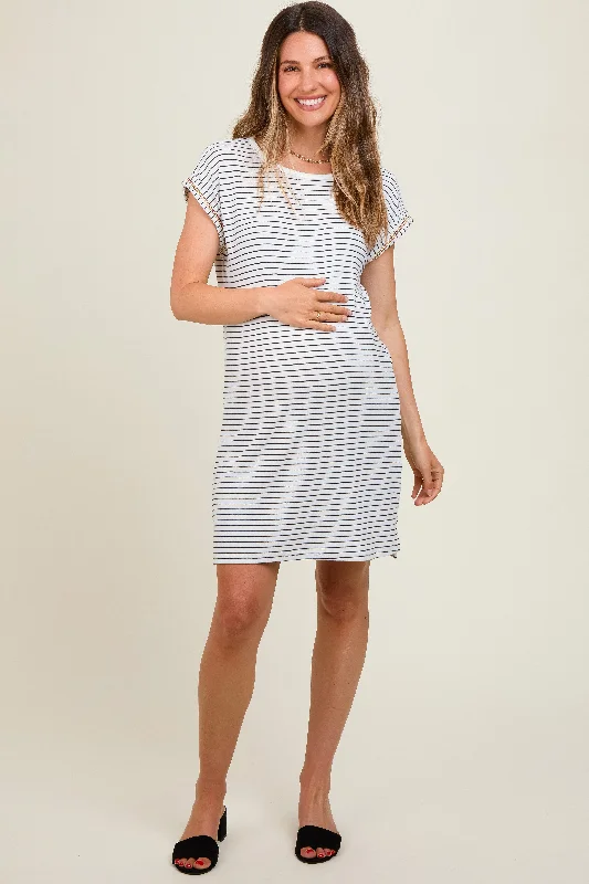 White Striped Maternity Side Slit Maternity T-Shirt Dress Satin Fabric Silk Fabric Chiffon Fabric White Striped Maternity Side Slit Maternity T-Shirt Dress Satin Fabric Silk Fabric Chiffon Fabric