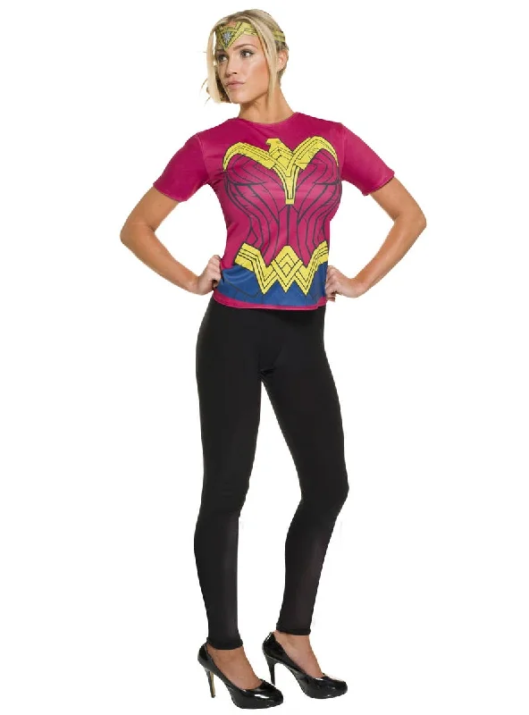 Wonder Woman Adult Costume T-shirt With Headpiece Ribbed T-Shirt High Neck Heavyweight