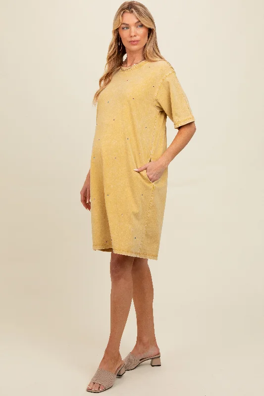 Yellow Rhinestone Mineral Washed Maternity T-Shirt Dress Thin T-Shirt Open Front Quick Dry Yellow Rhinestone Mineral Washed Maternity T-Shirt Dress Thin T-Shirt Open Front Quick Dry