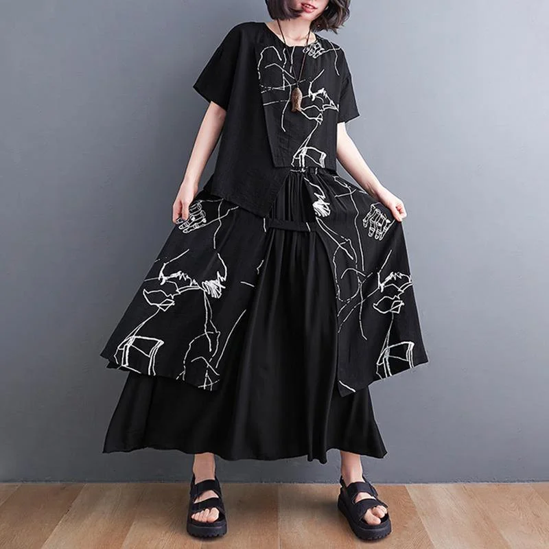 Black Print Short Sleeve Round Neck T-shirt Elastic Waist Skirt Suit Summer Chenille Blend Fleece Blend Nylon Blend