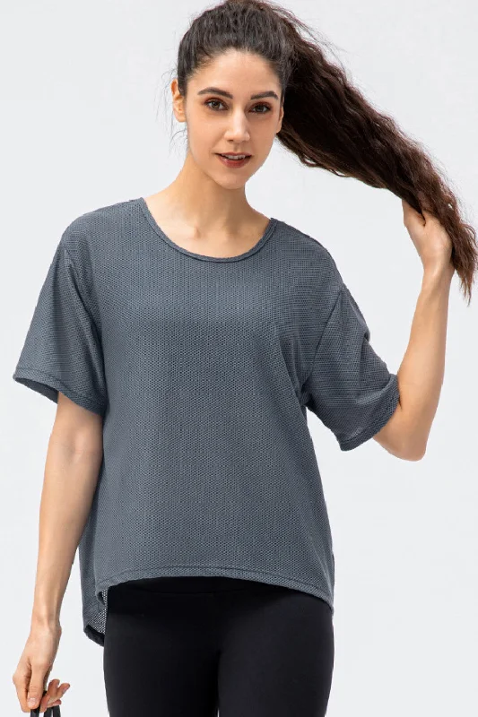 Breathable Mesh Dropped Shoulder T-Shirt Solid Print Embellished