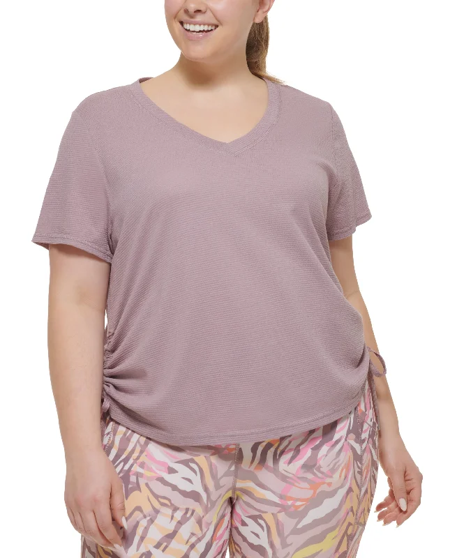 Plus Size Textured Side Ruched T-Shirt Front Pockets Side Pockets Patch Pockets