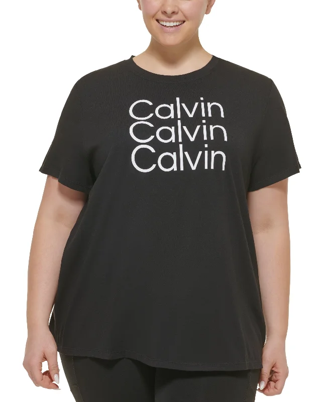 Calvin Klein Performance Plus Size Triple Logo T-Shirt Mesh Fabric Canvas Fabric Denim Fabric