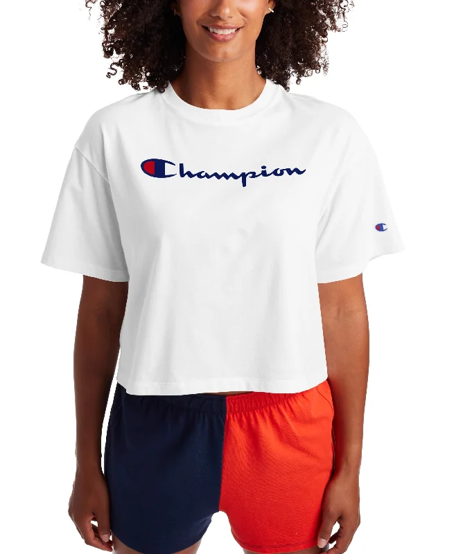 Champion Womens Logo Cropped T-Shirt Rayon Fabric Velvet Fabric Corduroy Fabric